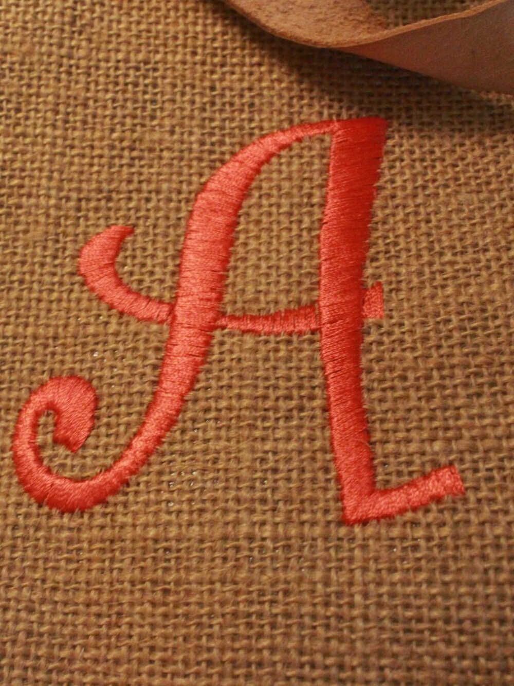 Natural Burlap Tote with Brown Handles & Red A Monogram